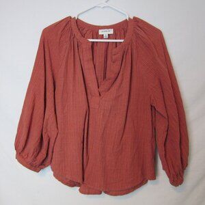 Evereve Blouse Orange Striped Peasant Cotton V-Neck Puff Sleeves Womens Medium